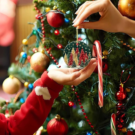 Christmas Tree Forest Ornament Round Ceramic Ornament Star Snowflake Xmas Keepsake for Christmas Tree Winter Holiday Xmas Gift for Women Men Xmas Hanging Ornament 3"