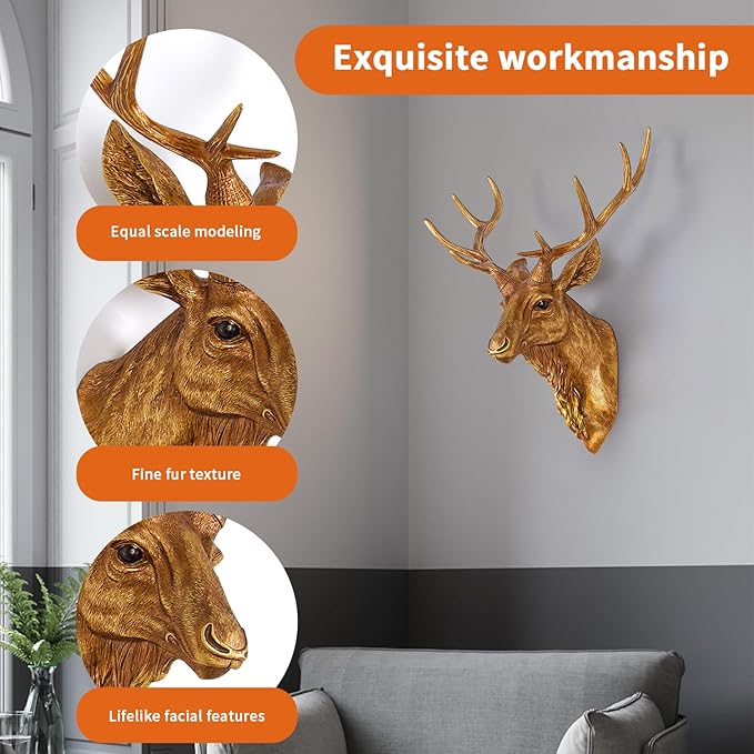 Bodun Deer Head Wall Mount Decor 14.5 inches Faux Deer Head Sculpture for Bar Background Wall Mount Home Living Room Wall Art Christmas Decoration Resin Antler Decor (Gold)