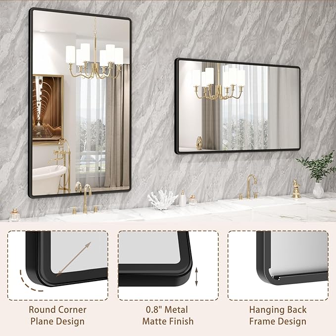 New Upgrade 50X30 Inch Wall Mounted Bathroom Mirror, Black Metal Frame Rounded Rectangle Mirror, Bathroom Vanity Mirror with Tempered Glass for Washroom Bedroom Living Room
