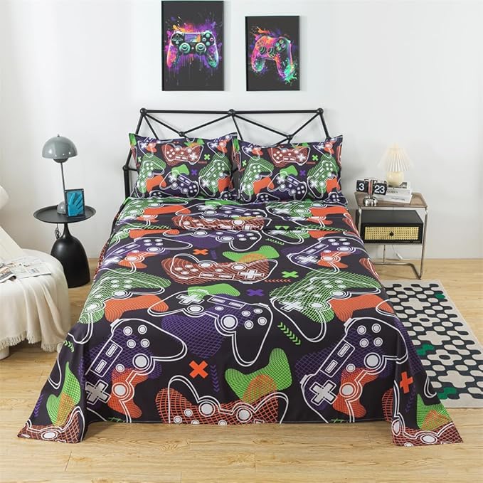 qjmiaofang Gamer Sheets Twin for Boys Gamer Sheet Set Video Game Bed Sheet Set 3Pieces Gaming Sheets Twin Gamer Fitted Sheet Gaming Bedding Set 1 Fitted Sheet 1 Flat Sheet 1 Pillowcase