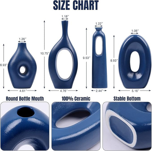 Blue Ceramic Vase Set - Round Hollow Vases for Pampas Grass & Flowers - Modern Minimalist Centerpieces for Living Room, Entryway & Dining Table, Navy Blue Color