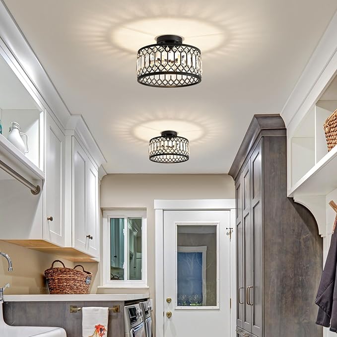 Crystal Ceiling Light Fixture, Modern Semi Flush Mount Ceiling Light, Black Lighting Fixtures Lamp for Hallway, Kitchen, Entryway, Bedroom, Laundry Room, 1-Light, 11.4 Inch