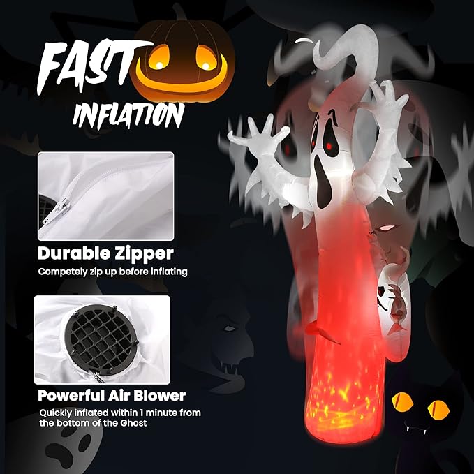 Toodour 8 FT Halloween Inflatables Outdoor Decorations Ghost - Blow Up Yard Decorations for Halloween Party, Built-in Red LED Disco Lights, Inflatable Ghost Decor for Outdoor Garden Yard Holiday