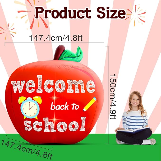 Back to School Inflatable Outdoor Decorations:4.9FT Back to School Decor Built in 2 Bright LED Lights for Classroom Decor Blow up Yard Inflatable Decorations for First Day of School Party Garden Lawn