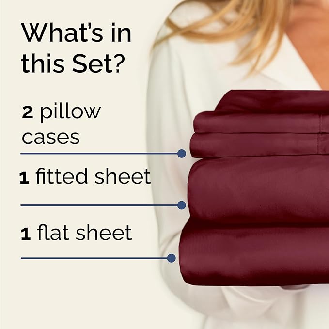 CGK Linens Twin 4 Piece Sheet Set - Cooling Sheets for Hot Sleepers - Hotel Luxury Bedding Set with 8-16 Inch Deep Pockets - 1 Flat & 1 Fitted & 2 Pillowcases - Soft, Comfy & Wrinkle Free - Burgundy