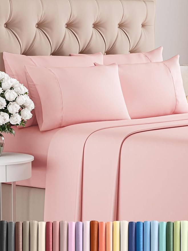 CGK Linens Full 6 Piece Sheet Set - Cooling Sheets for Hot Sleepers - Hotel Luxury Bedding Set w/ 8-16 Inch Deep Pockets - 1 Flat & 1 Fitted & 4 Pillowcases - Soft, Comfy & Wrinkle Free - Baby Pink