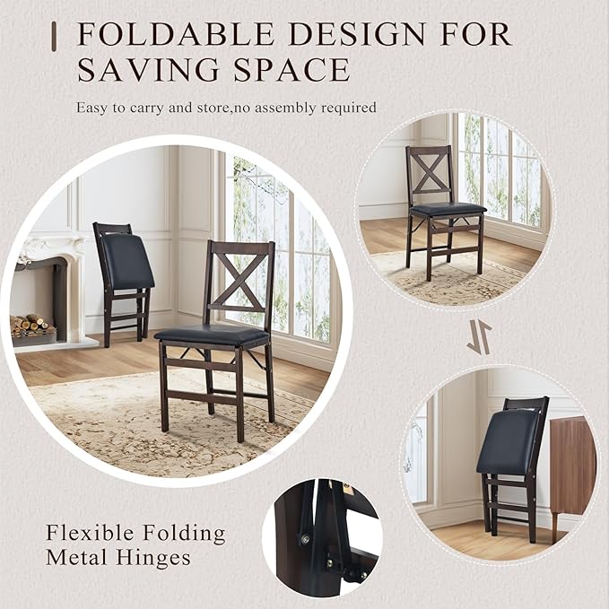 COLAMY Folding Dining Chairs Set of 4, Foldable Chairs with Padded Seats, Wood Folding Dining Room Chairs for Kitchen, Party, Camping, Dark Brown
