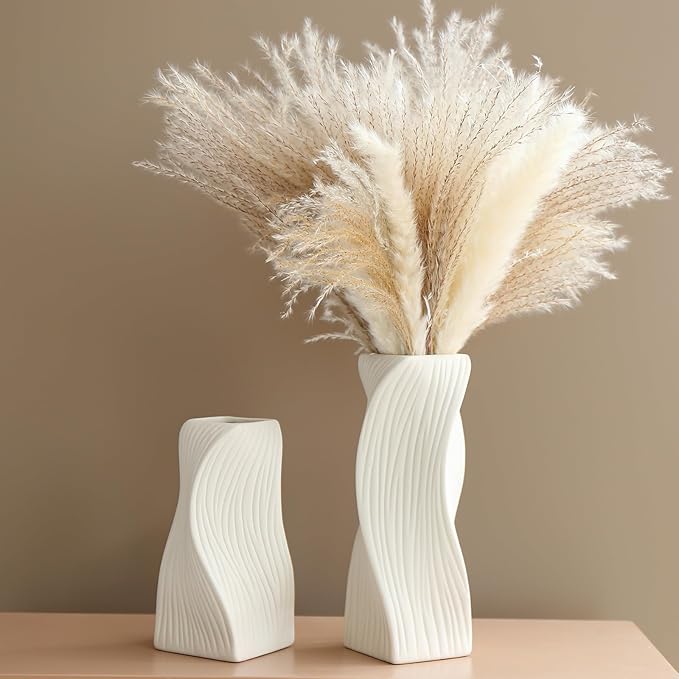 White Ceramic Vase Set of 2 for Modern Home Decor, Geometric Ribbed Fluted Textured Vases Pampas Grass Neutral Nordic Boho Minimalist Flower Vase for Living Room Bedroom Wedding Dining Table Office