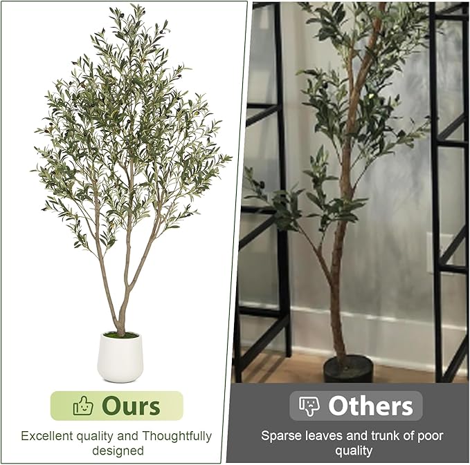 Olive Trees Artificial Indoor, 7FT Tall Faux Olive Tree with White Tall Planter, Artificial Plants with Natural Wood Trunk and Lifelike Fruits for Home Office Decor