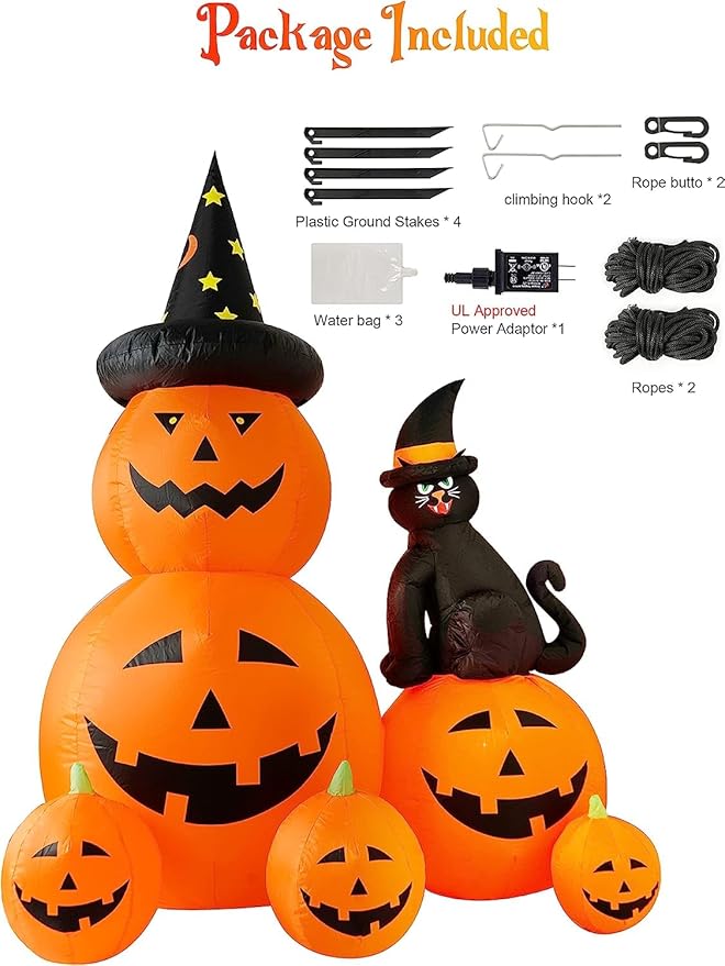 6 FT Halloween Inflatable Decorations Spooky Ghost Pumpkin Lighted and Witch's Cat, Halloween Decorations Outdoor Inflatables Pumpkin Combo with Build-in LED Blow Up Inflatables for Yard Garden