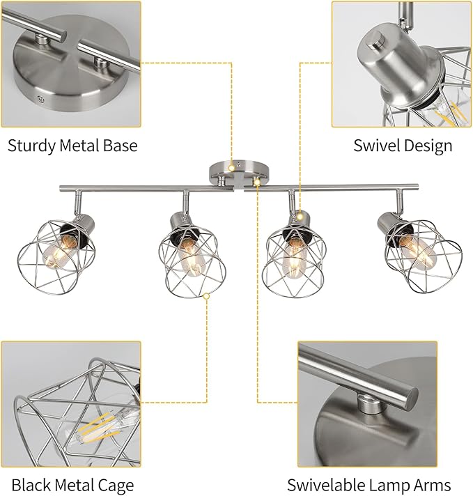 WILON Ceiling Lighting Fixtures,4 Way Track Light Fixture,4 Ceiling Spotlight,Kitchen Island Lighting Semi Flush Mount,Kitchen Track Lighting Flexibly Rotatable Light Head,E26 Base