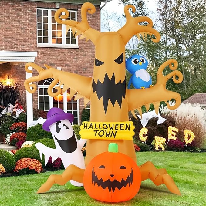 GOOSH 8 FT Halloween Inflatables Dead Tree Outdoor Decorations with Owl Ghosts and Pumpkins, Blow Up Yard Decorations with Built-in LED Lights for Outdoor Party Garden Lawn Decor
