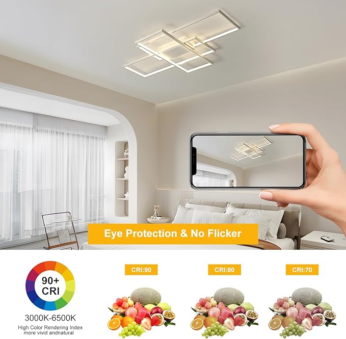 GEADI Modern Dimmable Ceiling Light, 35.4" White Led Ceiling Light Fixtures with Remote Control, 50W Rectangle Flush Mount Lighting Fixture for Kitchen Bedroom Dining Room(3000K-6500K)