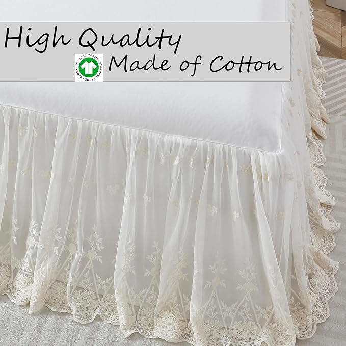 Brandream Lace Bed Skirt Boho Bohemian Girl Baby Nursery Crib Bed Skirt Dust Ruffle - Solid Color Romantic Cream Off White Farmhouse Chic 100% Cotton Ruffle Excellent Quality