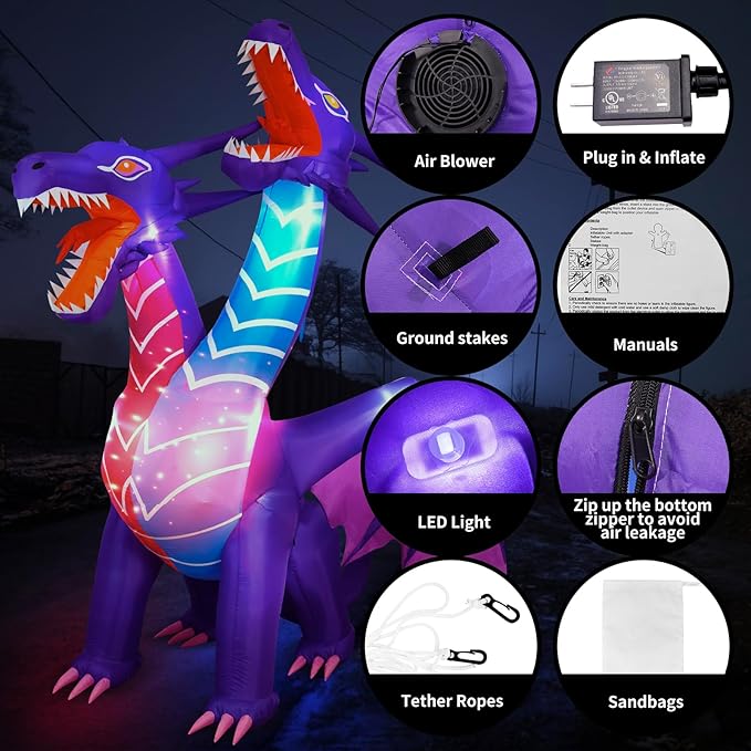 Max Fun Halloween Inflatables Dragon Decorations with LED Build-in Halloween Yard Decoration Blow Up Inflatables for Outdoor Indoor Garden Lawn (8FT-Halloween Inflatables Dragon)