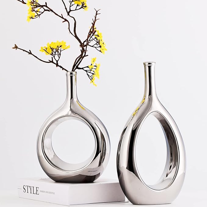 Glossy Silve Ceramic Vase Set 2,Modern Hollow Circle with Hole Flower Vase for Home Decor,for Table Centerpieces,Farmhouse,Fire Place,Living Room,Bedroom,Office,Bookshelf,Rustic Decor
