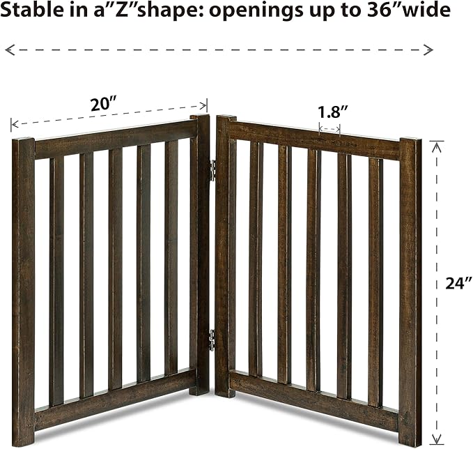 LZRS 2-Panel Wooden Free Standing Foldable Dog Gate – Solid Hardwood 24" High, Step-Over Safety Pet Gate for Doorways, Stairs & Small Spaces - Indoor Use, Walnut