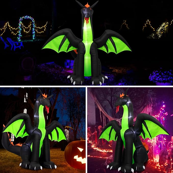 Halloween Inflatables 9FT Giant Inflatable Dragon Halloween Decorations with Wings, Built-in LEDs Halloween Blow Up Yard Decorations for Outdoor Indoor Party Garden Lawn Decor