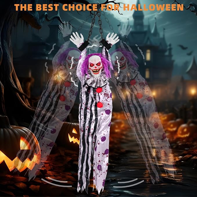 Halloween Decorations Outdoor and Indoor,Scary Halloween Animatronics Clown,Hanging Clown with Light-Up Eyes and Creepy Sound,Party Decorations for Yard Lawn,Haunted House Decor