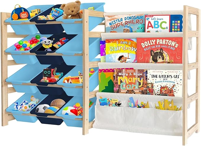 Toy Storage Organizer with Bookshelf - 12 Storage Bins 4-Tier Multipurpose Shelf to Organize Toys and Books for Kids Room, Playroom, Nursery Room, Blue