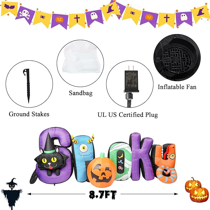 8.7 FT Long Halloween Inflatable Spooky Pumpkin Outdoor Decoration, Holiday Decorations Built-in White LED Light Blow Up Halloween Decorations for Yard, Garden, Lawn,Holiday, Party
