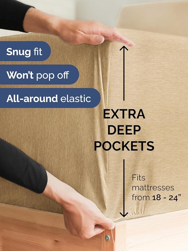 Extra Deep Cal King Sheet Set - 6 Piece Breathable & Cooling Sheets - Hotel Luxury Bed Sheets Set - Easy Fit - Soft, Wrinkle Free & Comfy Sheets Set - Heathered Tan Sheet Set with Extra Deep Pockets