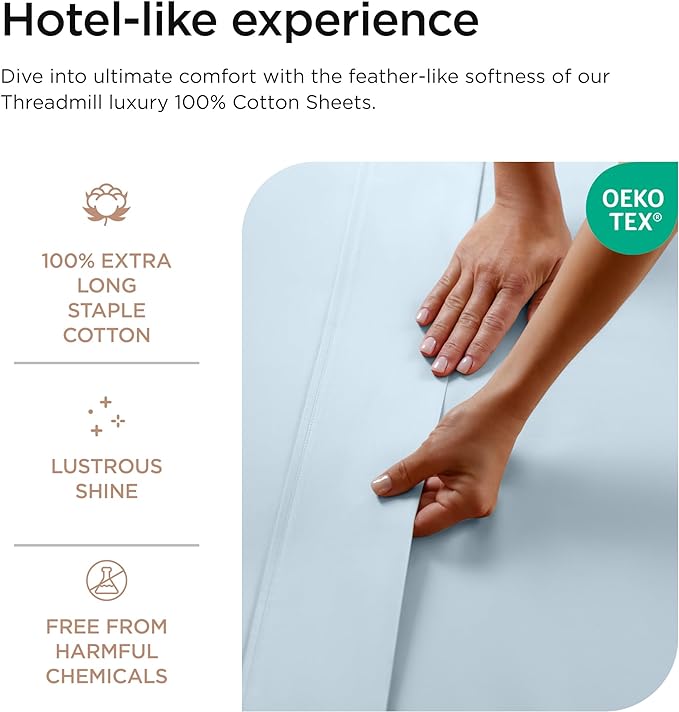 Threadmill Luxury 800 Thread Count King 100% Cotton Sheets - Light Blue Sateen Weave Bed-Sheets, Better Than Egyptian Cotton,4 Pc Solid Soft Bedding Set, Fits 16" Deep Pocket