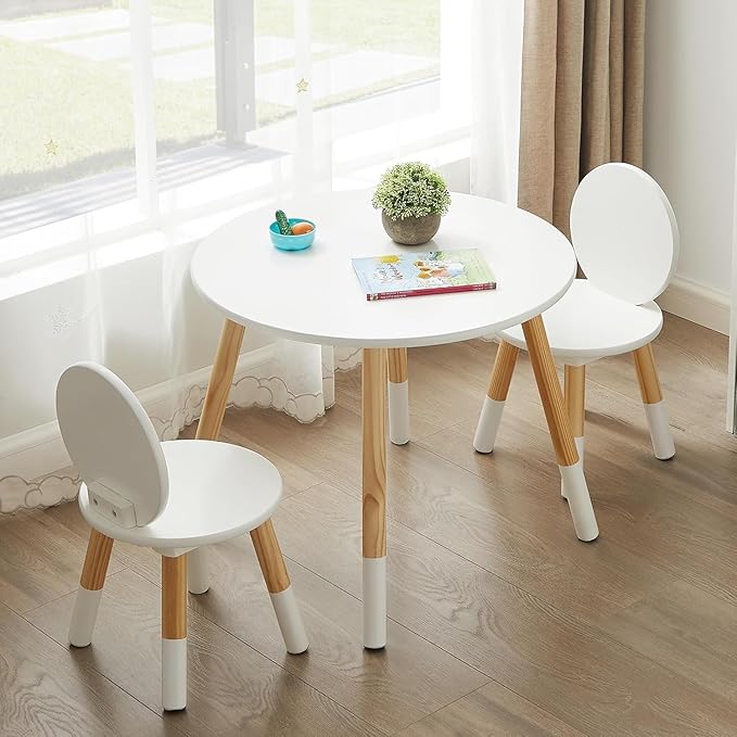 VECELO Kids Table and Chairs 3 Piece Set, Wooden Children Activity Furniture for Playroom and Classroom, Easy Assembly, White