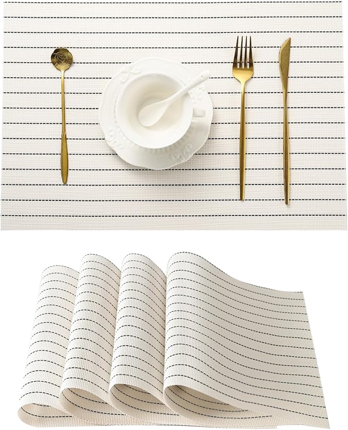 Leetaltree White with Black Stripes Placemats Set of 12 - Heat Resistant Non-Slip Place mats for Dining Table, Washable Durable PVC Vinyl Woven Table Mats(White Stripes, 12)
