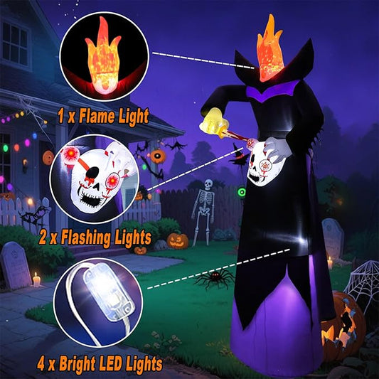 12FT Halloween Inflatables Giant Headless Reaper Ghost Outdoor Decorations with Flame Light Scary Flashing LED Lights Halloween Blow Up Yard Decorations for Party Garden Lawn Decor
