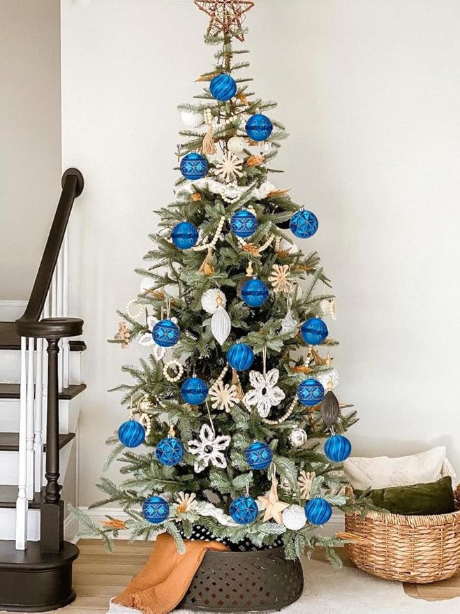12pcs Blue Christmas Ornaments Balls 3.14 inch Glitter Hanging Christmas Tree Ornaments Set for Christmas Decorations Hand Painted Shatterproof Christmas Baubles for Xmas Holiday Party Decor