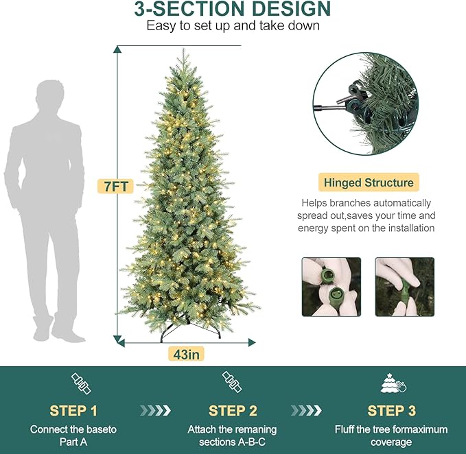 7 FT Pre-lit Artificial Skinny Christmas Tree,Blue Spruce Slim Christmas Tree with 1552 PE&PVC Mixed Branch Tips and 400 UL Listed Clear Lights,Hinged Xmas Tree with Metal Stand for Home Office Décor