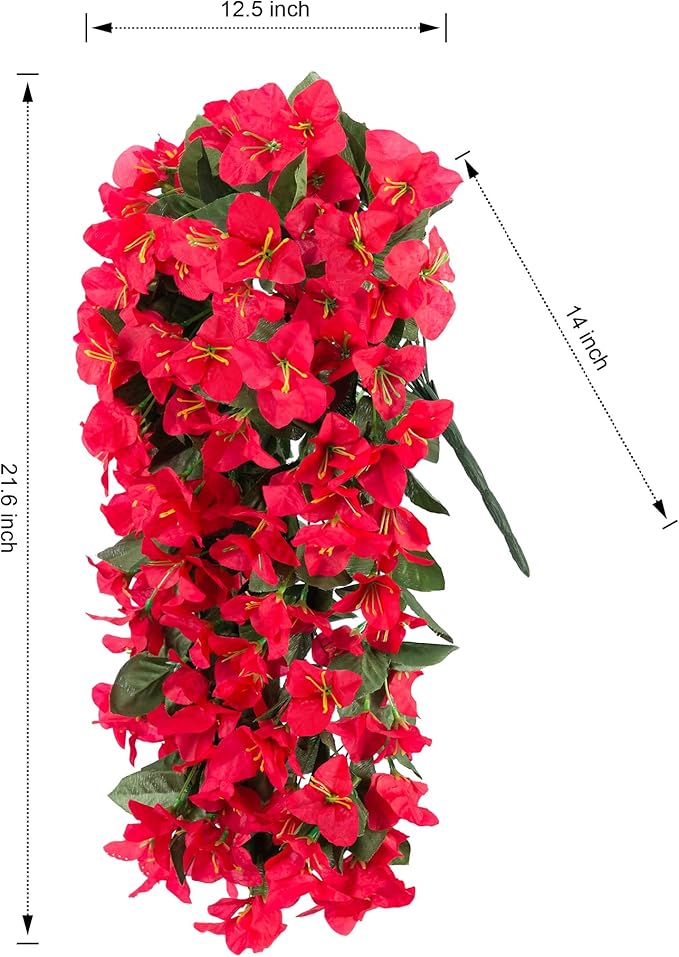 Artificial Faux Bougainvillea Flowers Plants for Outdoor Outside Summer Decoration, 2 PCS Fake Silk UV Resistant Look Real Long Trailing Vines for Front Door Porch Planter Urn Patio Balcony, Red