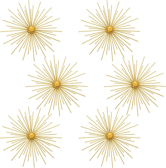 Barydat 6 Pcs Gold Sunburst Wall Decor Metal Bling Starbursts Wall Art for Living Room Mid Century Modern Decor Hanging Accents for Living Room Bedroom Entryway
