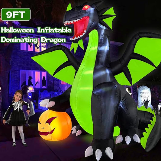9FT Tall Halloween Inflatables Decorations Outdoor Large Scary Blow Up Pumpkin Dragon, Giant Funny Spooky Light Up Blowups Decor Huge Cute Happy Trick or Treat Outside, Indoor, Entrance, Lawn