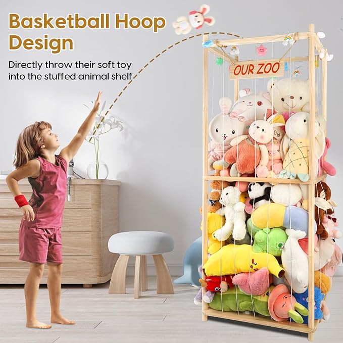 Extra Large Stuffed Animal Storage Wooden Stuff Animal Organizer 63" Stuffed Animal Zoo Holder Kids Plush Toys Cage Stuffed Animal Display with Light Strips for Playroom Bedroom Nursery Room Decor