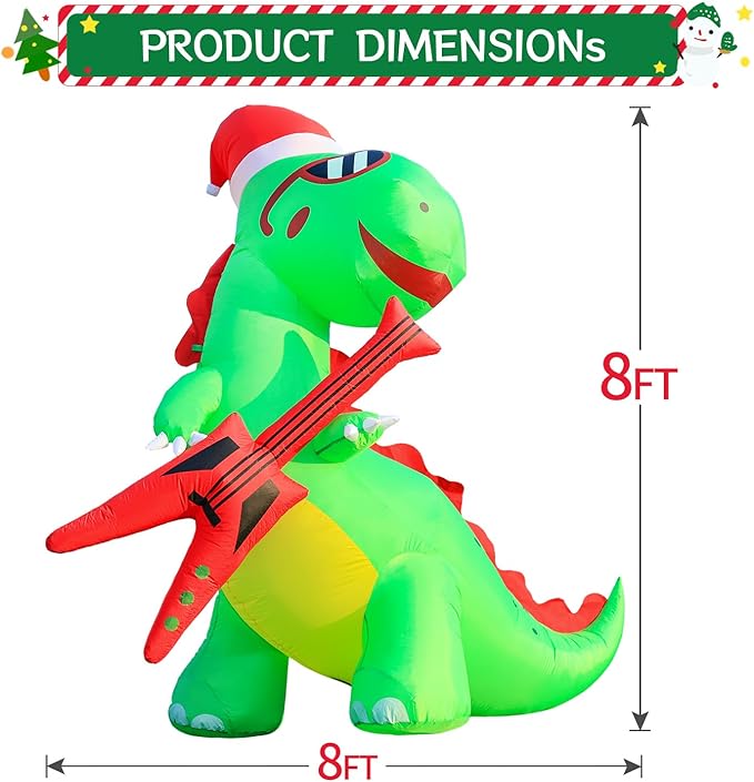 DomKom 8FT Christmas Inflatable Decorations Dinosaur with Guitar, Giant Outdoor LED Lights Holiday Blow up Rex Yard Decoration for Holiday Party Outdoor Garden Yard Lawn Winter Décor