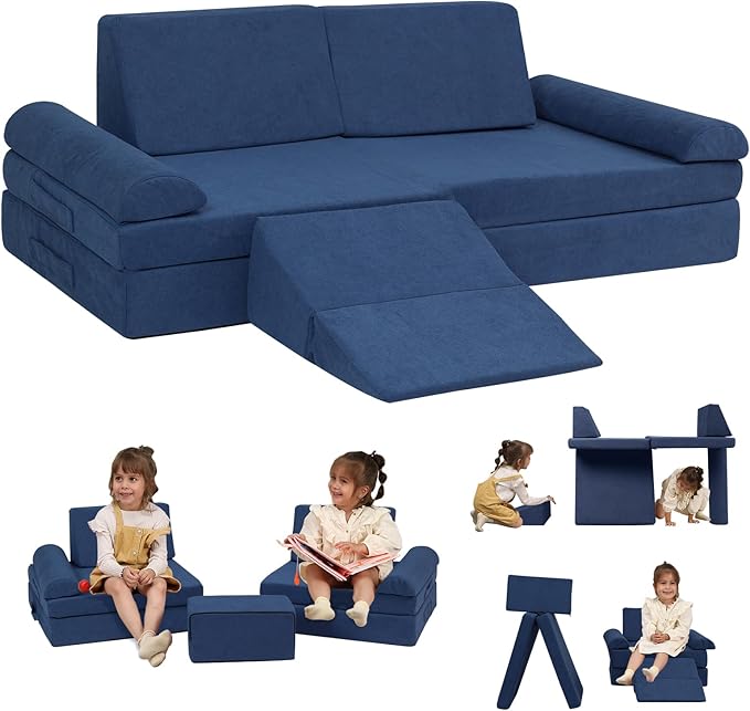 Kids Couch, 9 PCS Play Couch Sofa for Kids Imaginative Furniture Play Set for Creative Kids,Toddler to Teen Bedroom Furniture, Couch Sofa Foam Play Couch Indoor Outdoor(Chenille Blue)