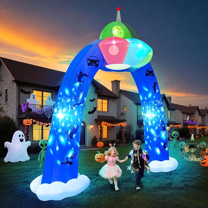 Kalolary 12.5FT Halloween Archway Inflatables, Giant Alien UFO Arch Inflatable with Blue Flashing Lights Scary Halloween Outdoor Blow Up Yard Decoration for Garden Lawn Holiday Party Decors
