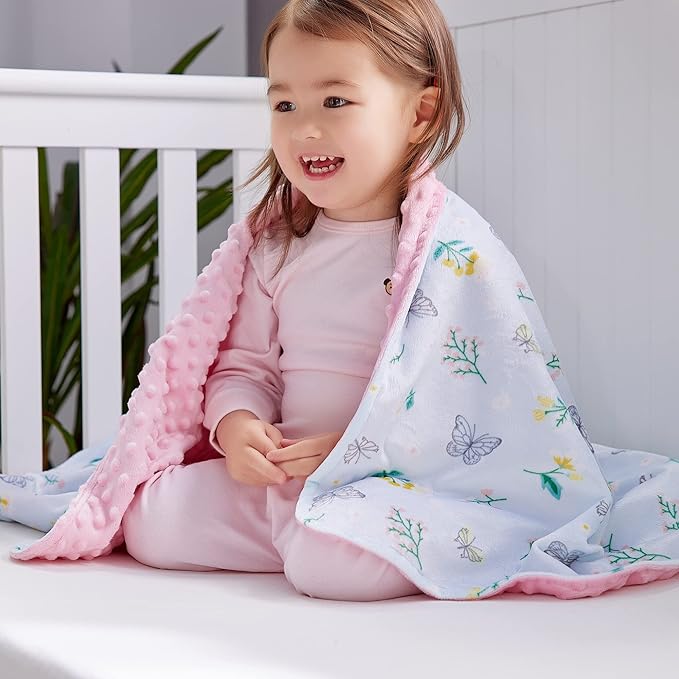 DaysU Silky Micro Soft Plush Baby Blankets for Girls with Print Floral Pattern and Soothing Raised Dots, Double Layer Bed Throws for Baby Crib, Butterfly Floral, Mint Green, 30x40 Inches