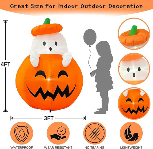 Buheco Inflatable Pumpkin Ghost Halloween Decorations Outdoor Blow Up 4ft Giant Cute Scary Yard Decor Inflatables Built in Led Lights for Indoor Outside Lawn Garden Holiday Fall Family Party Props