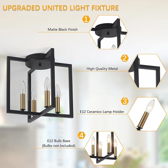 Modern Farmhouse 4-Light Black and Gold Ceiling Light Fixture, Industrial Close to Ceiling Light with Geometric Metal Shade, Perfect for Kitchen, Hallway, Bathroom