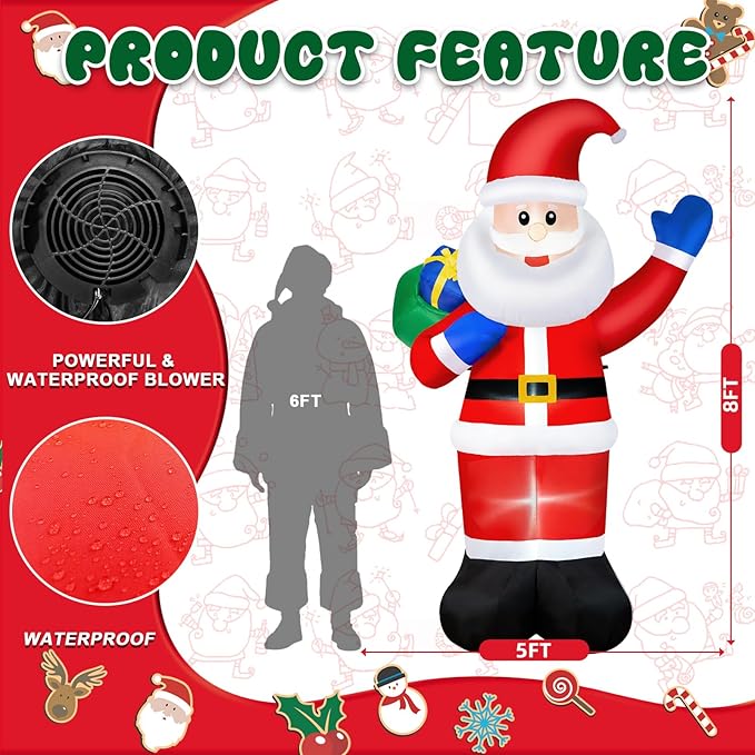 B&D 8FT Christmas Inflatables Santa Claus Outdoor Decorations, Christmas Blow Up Santa Yard Decorations Built-in LED Lights Inflatable Christmas Decorations for Holiday Xmas Party Garden Patio Lawn