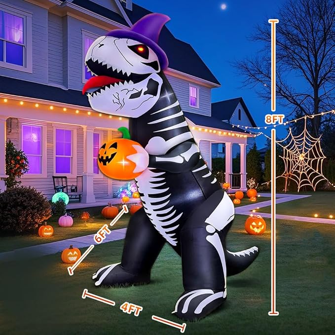 8 FT Halloween Inflatable Decoration, Built in LED Lights Blow Up Skeleton Dinosaur Holds a Pumpkin Decorations for Halloween Party, Indoor, Outdoor, Garden, Yard Lawn Décor