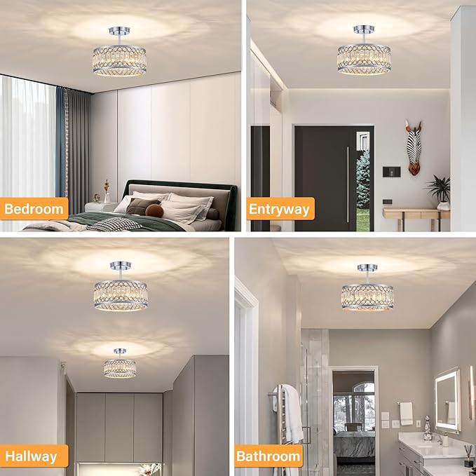 Crystal Ceiling Light Fixture, Modern Semi Flush Mount Ceiling Light, Chrome Lighting Ceiling Chandelier for Kitchen, Bedroom, Dining Room, Hallway, 3-Light, 12.2 Inch