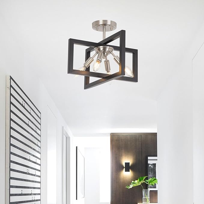 Semi-Flush Mount Ceiling Light - Modern Industrial Light Fixture Black and Brushed Nickel Chandelier,4-Light Farmhouse Ceiling Lamp for Kitchen Foyer Entryway Hallway Bedroom Closet