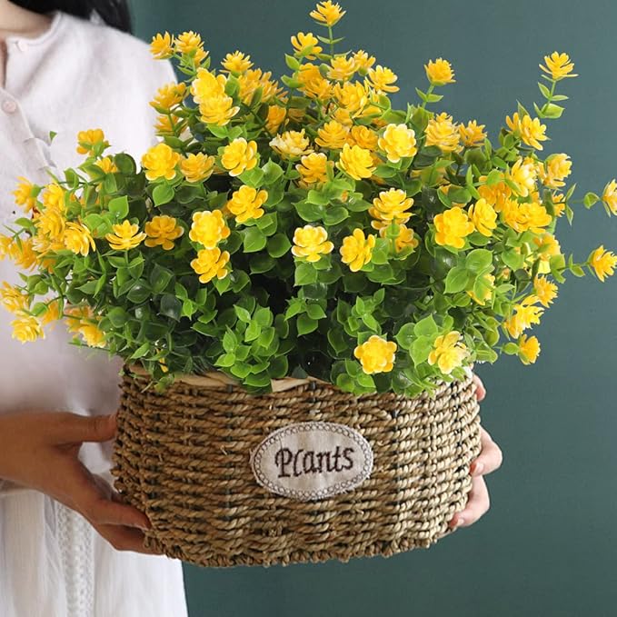 RECUTMS 12 Bundles Outdoor Artificial Flowers UV Resistant Fake Boxwood Plants, Faux Greenery for Indoor Outside Hanging Plants Garden Porch Window Box Home Wedding Farmhouse Décor(Yellow)