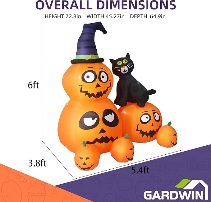 Gardwin 6FT Halloween Pumpkin with Cat Inflatable Outdoor Decorations, Inflatables Decorations Blow up Cat & Pumpkin Lanterns with Yard Inflatables Holiday Inflatables for Garden Lawn Decor