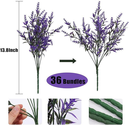 RECUTMS Artificial Fake Outdoor Plants Flowers for Spring Decoration, 36 Bundles Faux Plastic Plants Outdoor Flowers UV Resistant Realistic for Home Outside Planter Window Porch Patio Garden(Purple)
