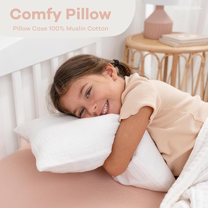 Comfy Cubs Toddler Pillow with Soft Muslin Pillowcase, 13"x18", White (2 Pack) - Kids Pillow for Sleeping & Travel - Comfortable Small Pillow - Kids Travel Pillow with Breathable Microfiber Fill